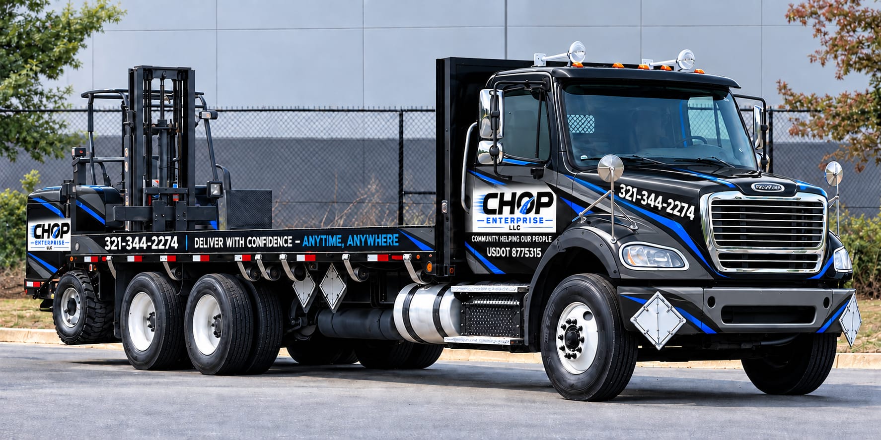 CHOP Enterprise flatbed truck with a truck-mounted Moffett forklift